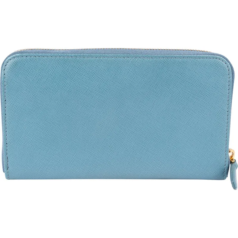 Prada Blue Saffiano Leather Zip Around Wallet