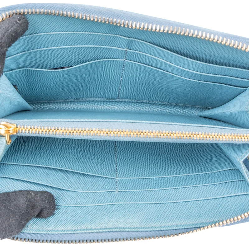 Prada Blue Saffiano Leather Zip Around Wallet