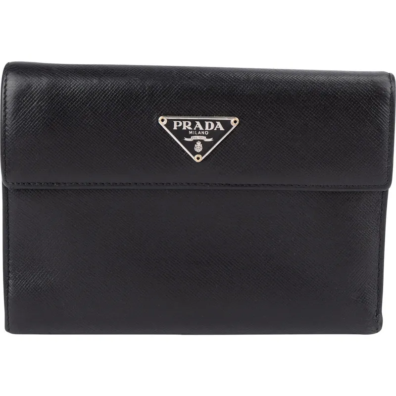 Prada Black Saffiano Leather Triangle Compact Wallet