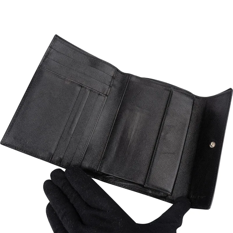 Prada Black Saffiano Leather Triangle Compact Wallet