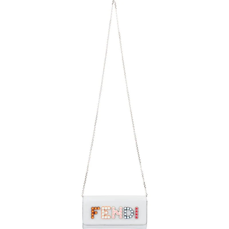 Fendi Blue Leather Studded Emblem Wallet On Chain Crossbody Bag