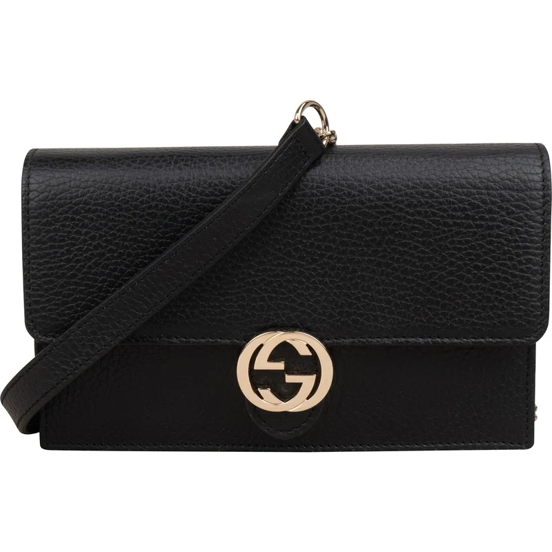Gucci Black Leather Interlocking GG Wallet On Chain Crossbody Bag