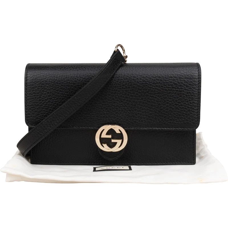 Gucci Black Leather Interlocking GG Wallet On Chain Crossbody Bag