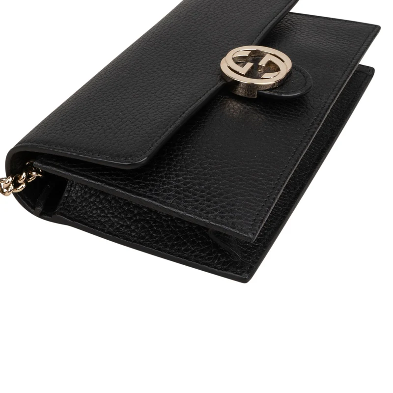 Gucci Black Leather Interlocking GG Wallet On Chain Crossbody Bag