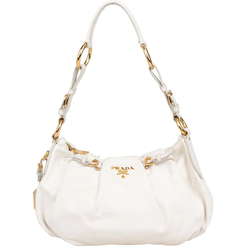 Prada White Soft Calf Leather Ruched Shoulder Bag