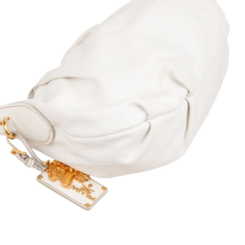 Prada White Soft Calf Leather Ruched Shoulder Bag