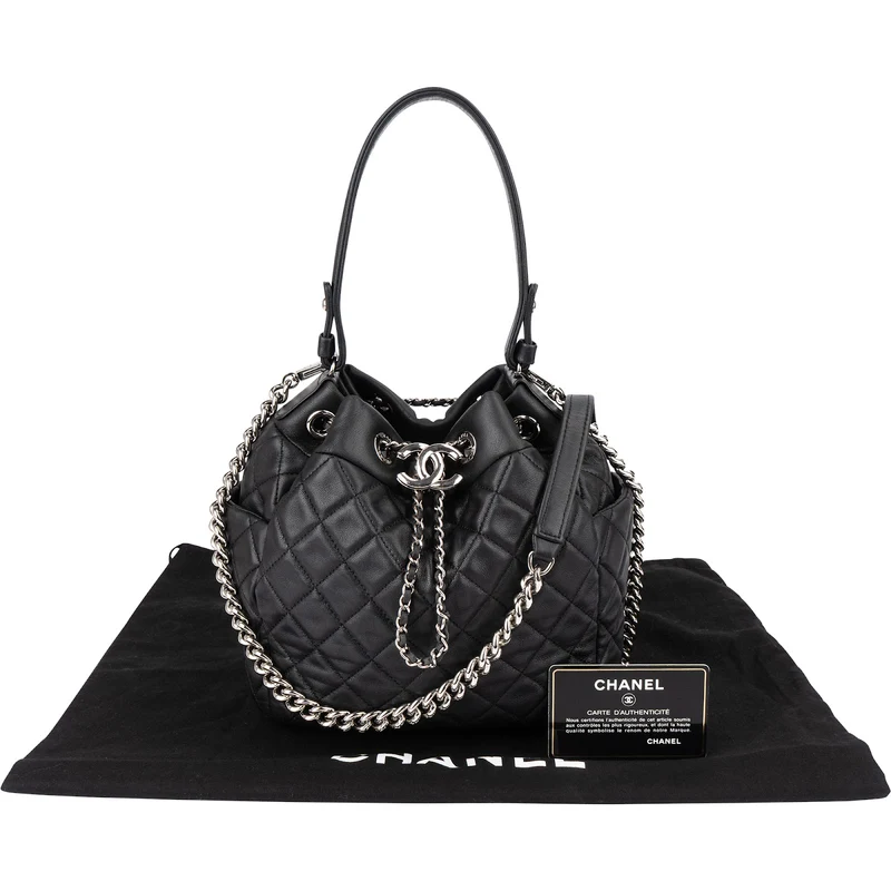 Chanel Quilted Lambskin Palladium CC Drawstring Bucket Handbag