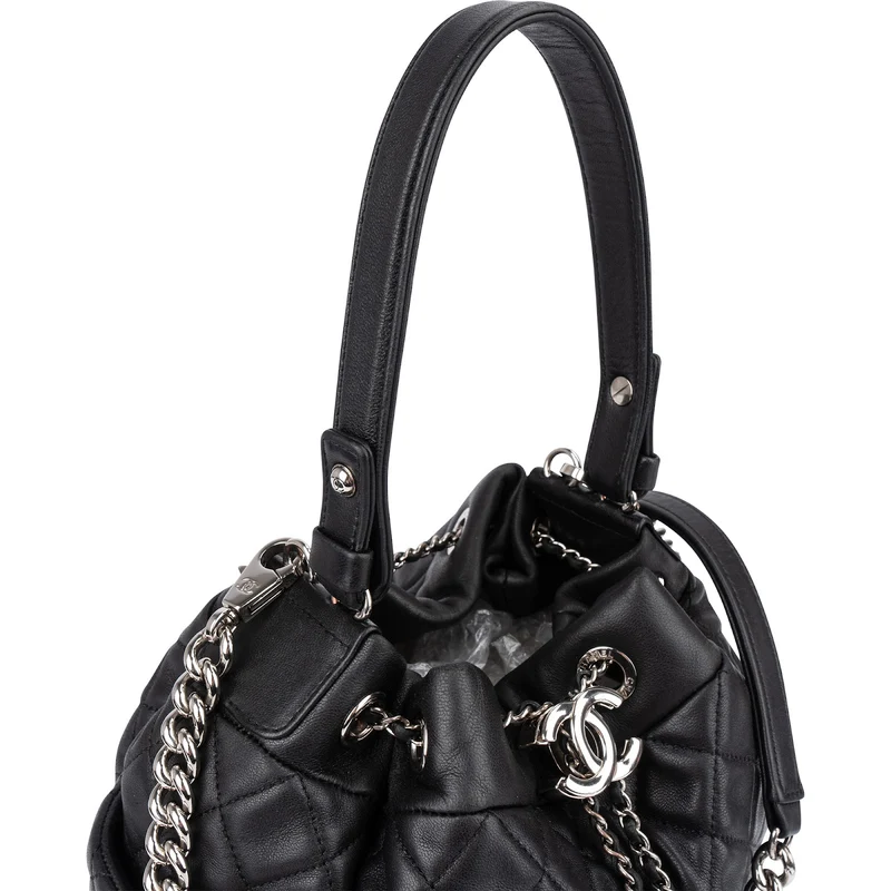 Chanel Quilted Lambskin Palladium CC Drawstring Bucket Handbag