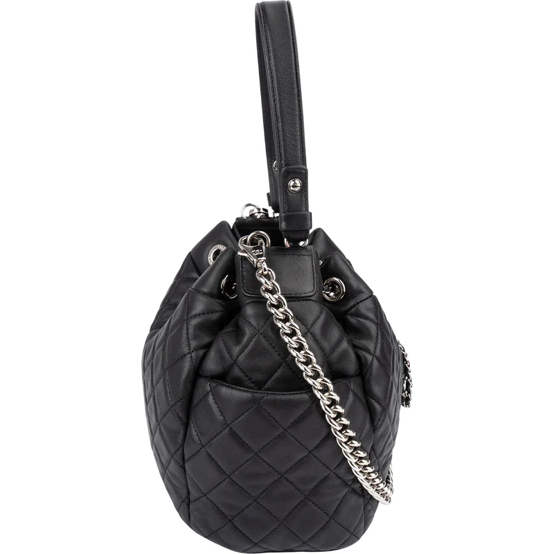 Chanel Quilted Lambskin Palladium CC Drawstring Bucket Handbag