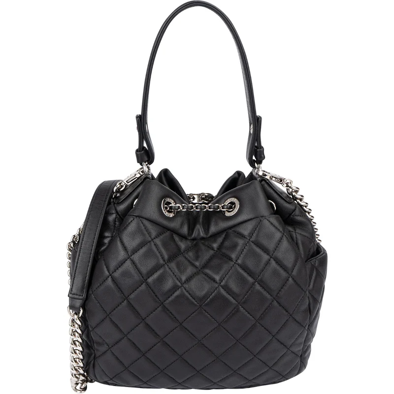 Chanel Quilted Lambskin Palladium CC Drawstring Bucket Handbag