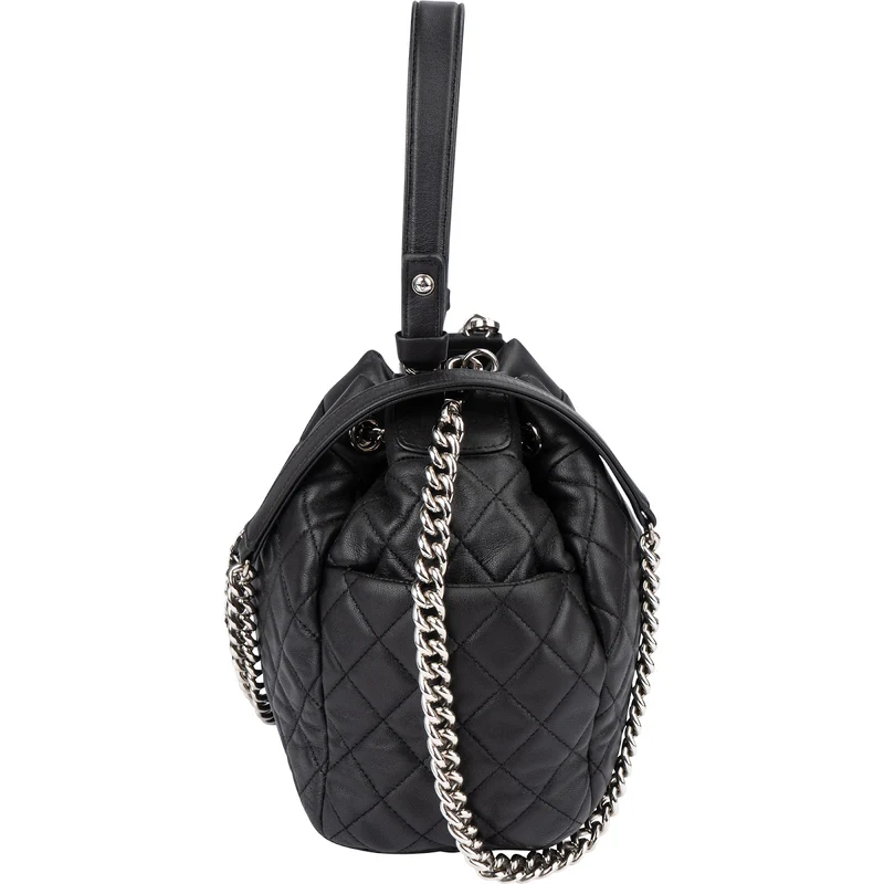 Chanel Quilted Lambskin Palladium CC Drawstring Bucket Handbag