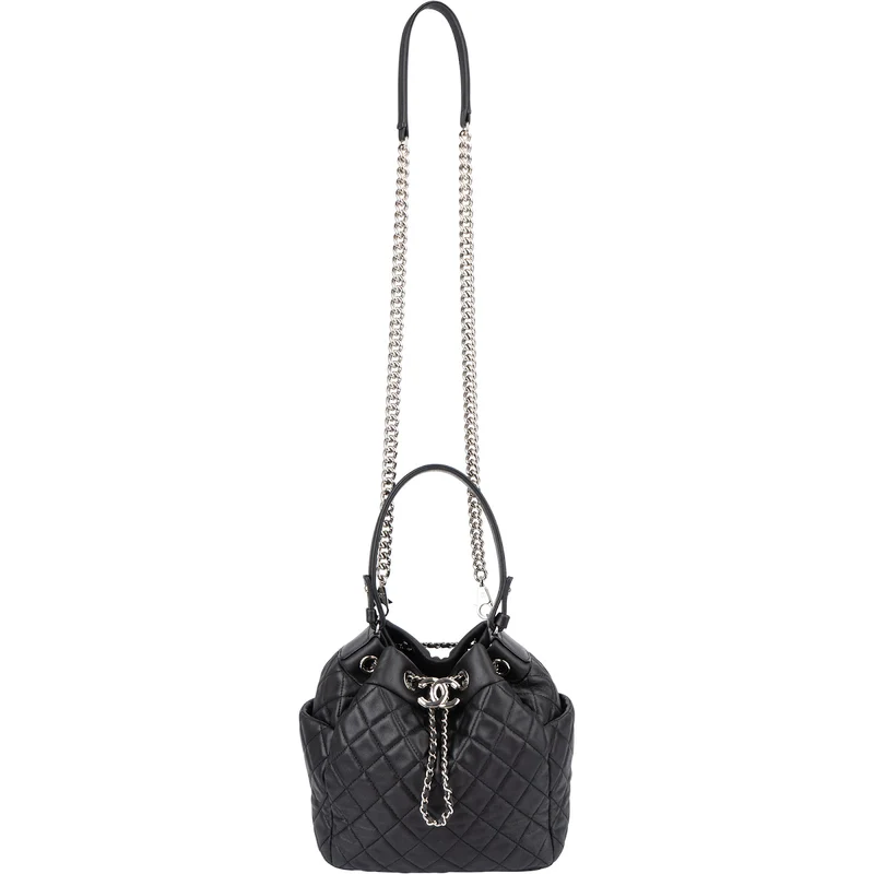 Chanel Quilted Lambskin Palladium CC Drawstring Bucket Handbag