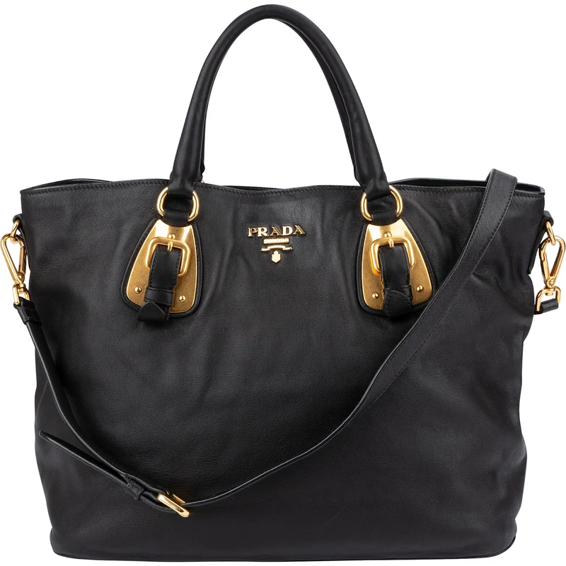 Prada Black Soft Calfskin Buckle Tote Handbag