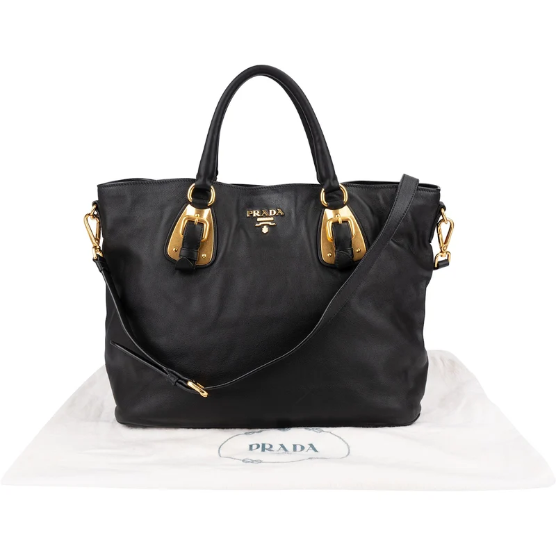 Prada Black Soft Calfskin Buckle Tote Handbag