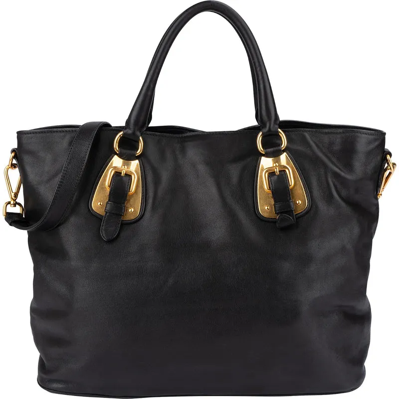 Prada Black Soft Calfskin Buckle Tote Handbag