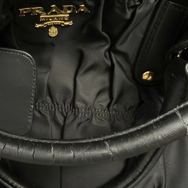 Prada Black Tessuto Gaufre Drawstring Tote Handbag