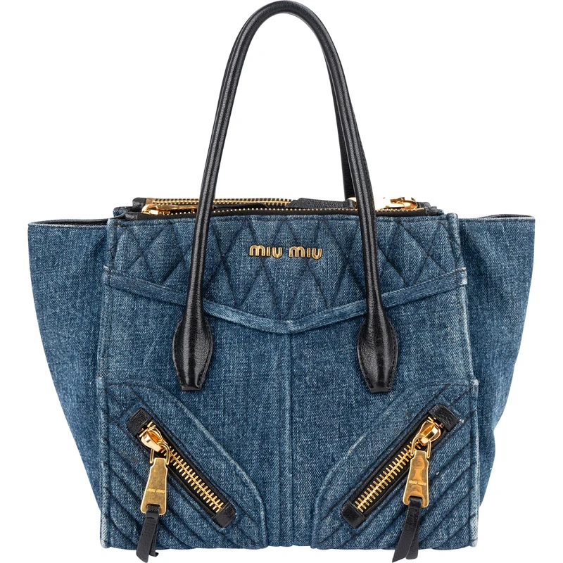 Miu Miu Quilted Denim Biker Tote Handbag