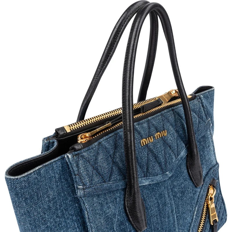 Miu Miu Quilted Denim Biker Tote Handbag
