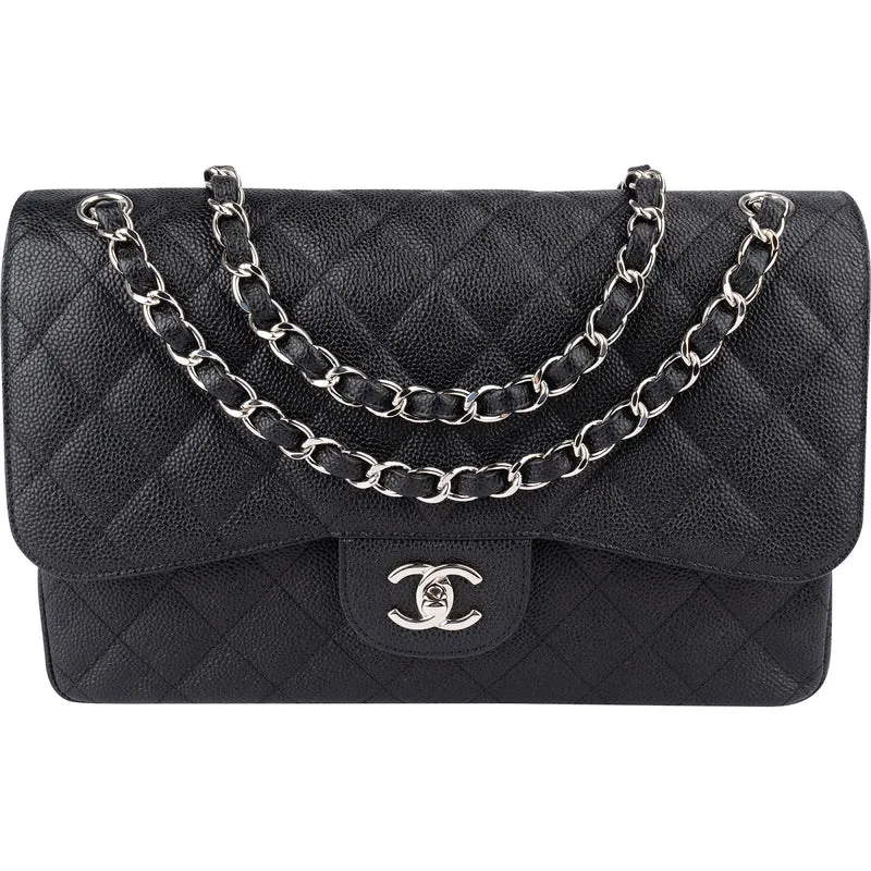 Chanel Quilted Caviar Leather Palladium Jumbo Double Flap Crossbody Bag