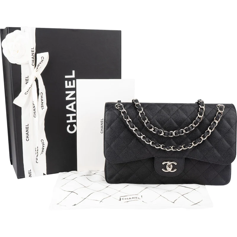 Chanel Quilted Caviar Leather Palladium Jumbo Double Flap Crossbody Bag