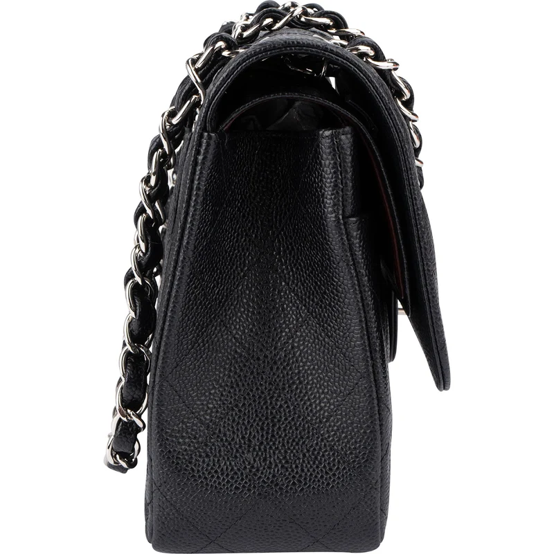 Chanel Quilted Caviar Leather Palladium Jumbo Double Flap Crossbody Bag