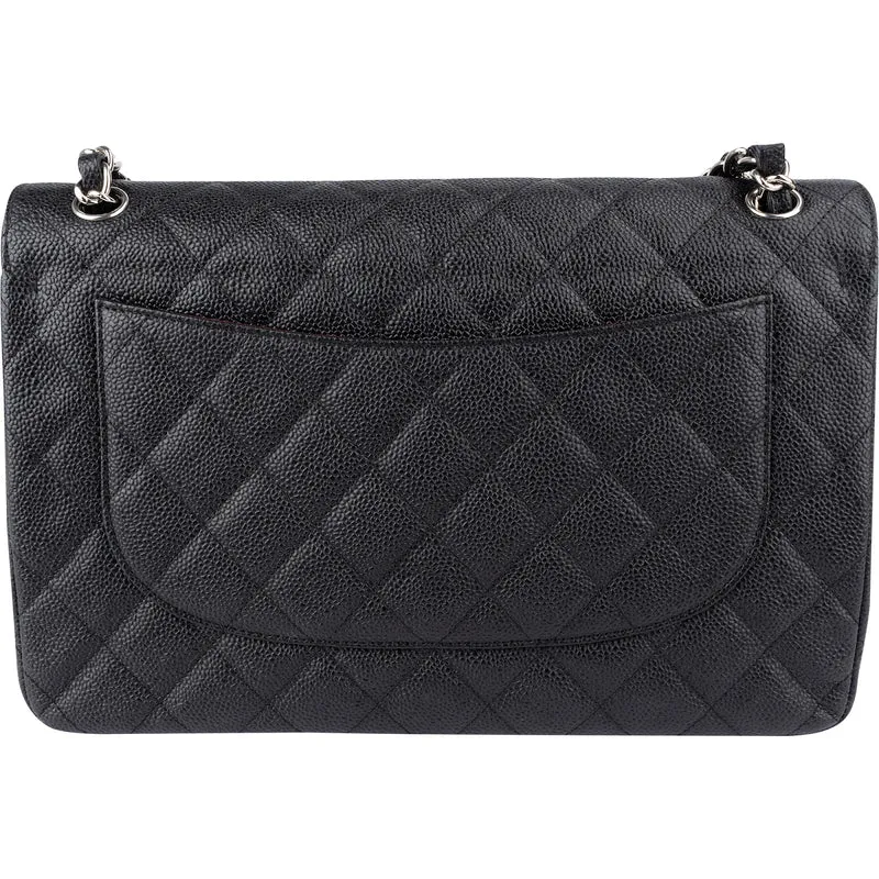 Chanel Quilted Caviar Leather Palladium Jumbo Double Flap Crossbody Bag