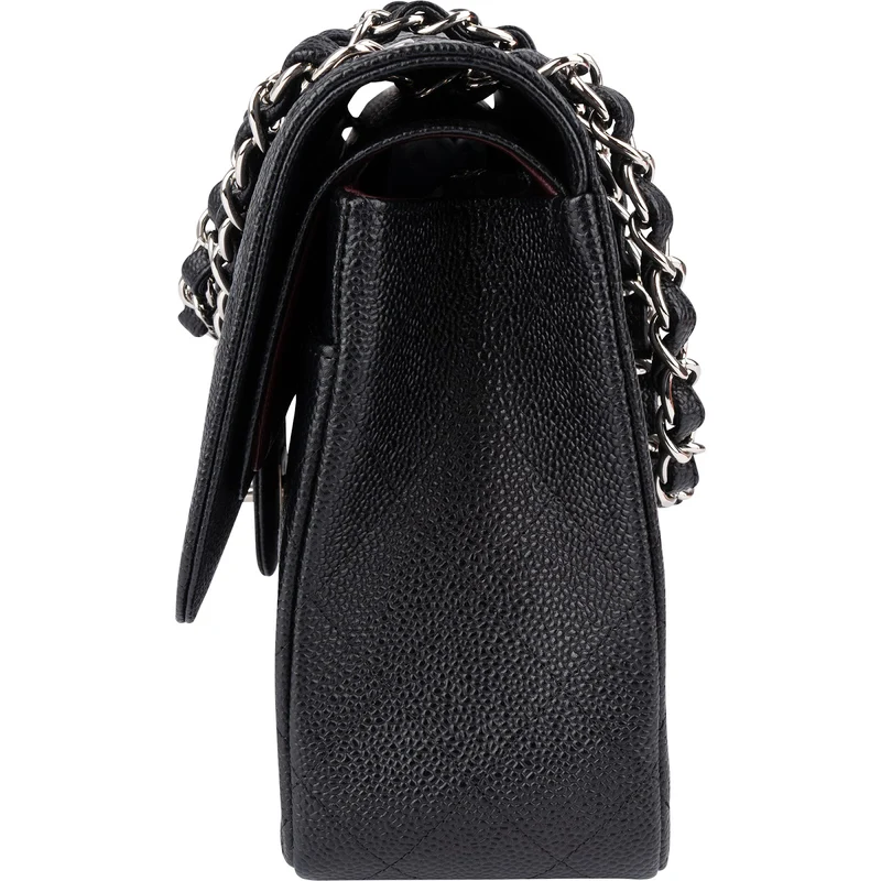 Chanel Quilted Caviar Leather Palladium Jumbo Double Flap Crossbody Bag
