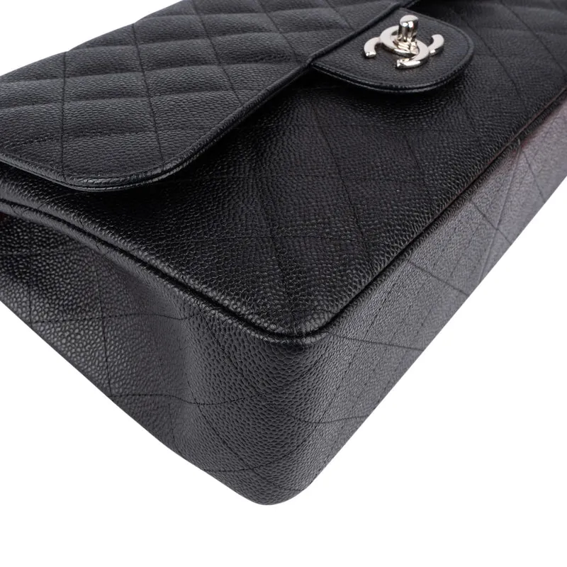 Chanel Quilted Caviar Leather Palladium Jumbo Double Flap Crossbody Bag