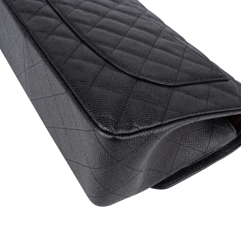 Chanel Quilted Caviar Leather Palladium Jumbo Double Flap Crossbody Bag