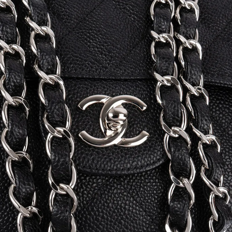 Chanel Quilted Caviar Leather Palladium Jumbo Double Flap Crossbody Bag