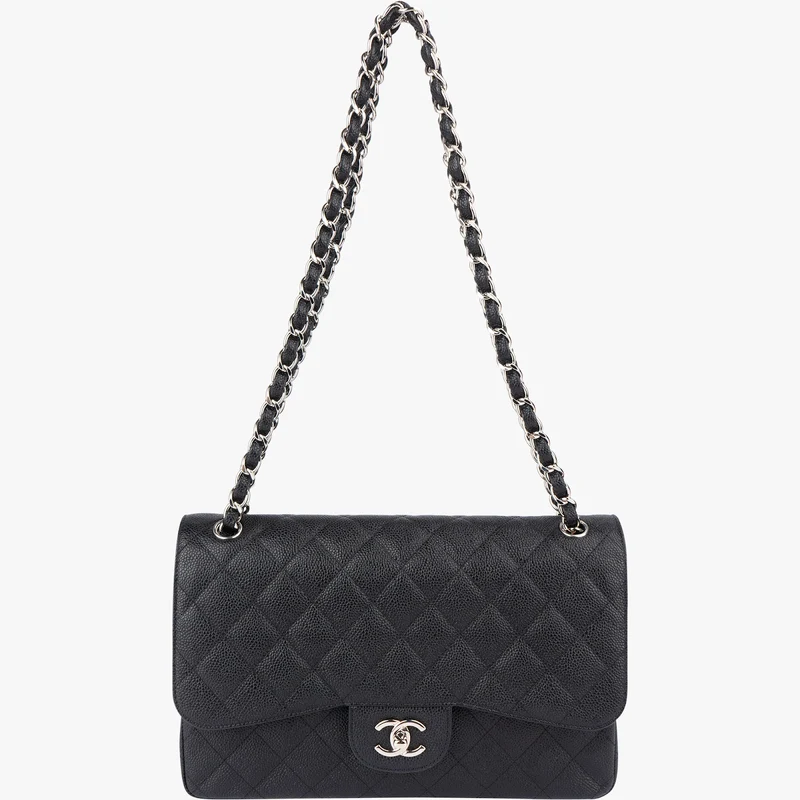Chanel Quilted Caviar Leather Palladium Jumbo Double Flap Crossbody Bag