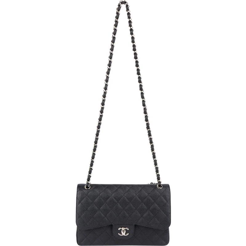 Chanel Quilted Caviar Leather Palladium Jumbo Double Flap Crossbody Bag