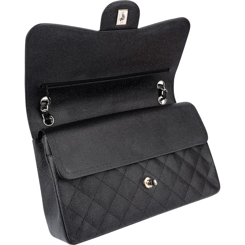 Chanel Quilted Caviar Leather Palladium Jumbo Double Flap Crossbody Bag