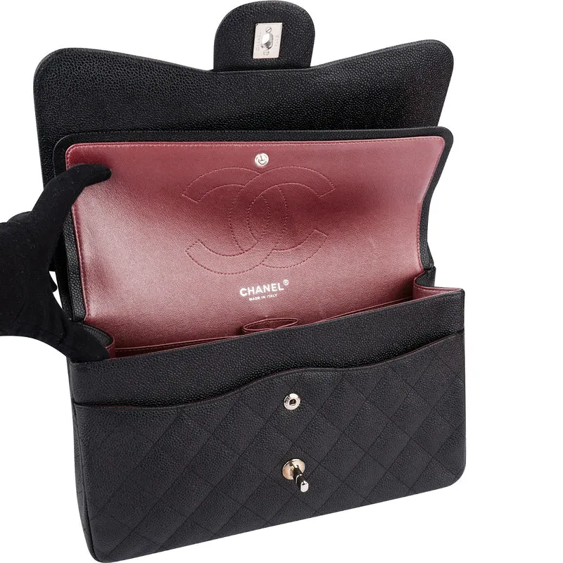 Chanel Quilted Caviar Leather Palladium Jumbo Double Flap Crossbody Bag