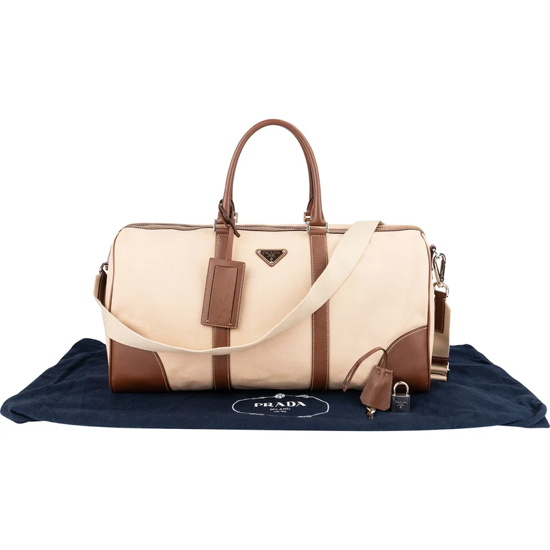 Prada Canvas Saffiano Leather Duffle Weekender 50 Travel Bag