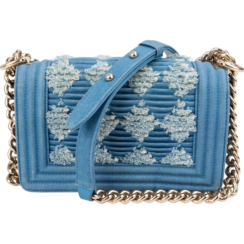 Chanel Denim Frayed Chevron Pleated Small Boy Crossbody Bag