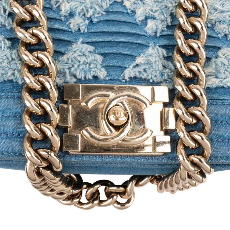 Chanel Denim Frayed Chevron Pleated Small Boy Crossbody Bag
