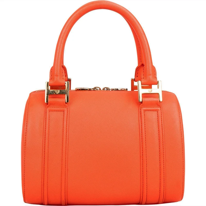 MCM Orange Grained Leather Essential Studded Small Boston Handbag