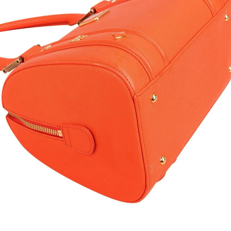 MCM Orange Grained Leather Essential Studded Small Boston Handbag