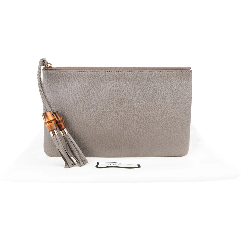 Gucci Grey Leather Bamboo Tassel Clutch