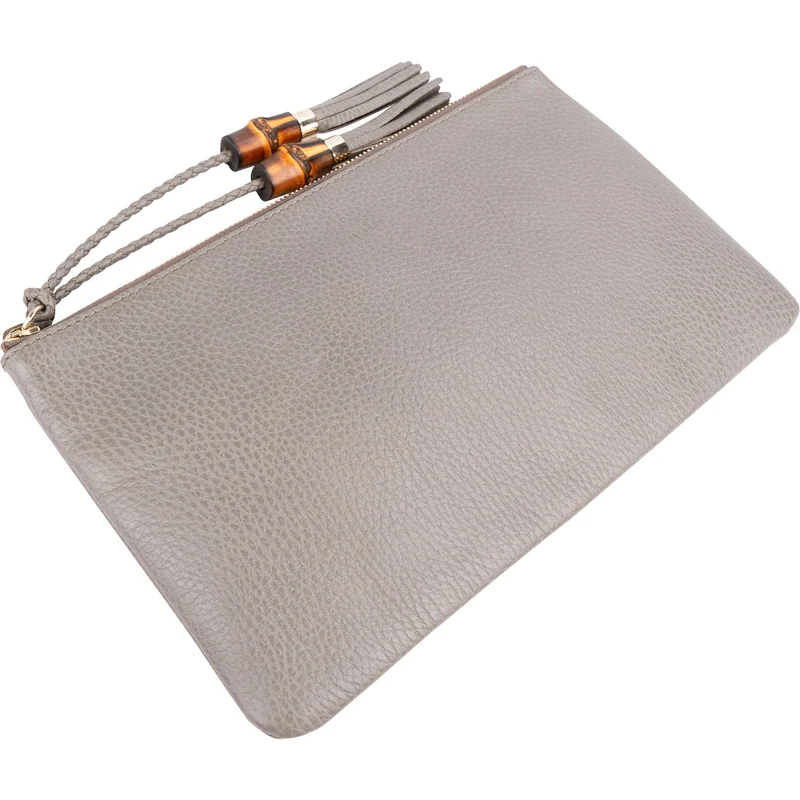 Gucci Grey Leather Bamboo Tassel Clutch