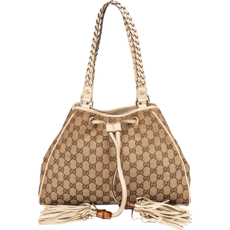 Gucci Monogram GG Canvas Bamboo Tassel Tote Shoulder Bag