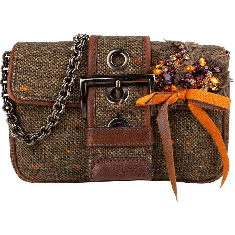 Prada Tweed Ricamo Visone Mini Flap Shoulder Bag