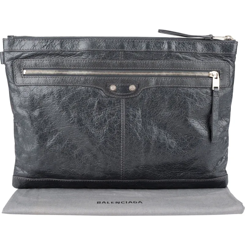 Balenciaga Grey Arena Leather Classic City Clip Clutch