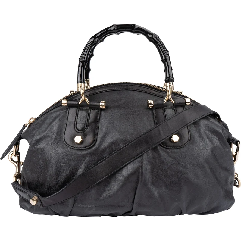 Gucci Black Leather New Bamboo Top Handle Bowling Handbag
