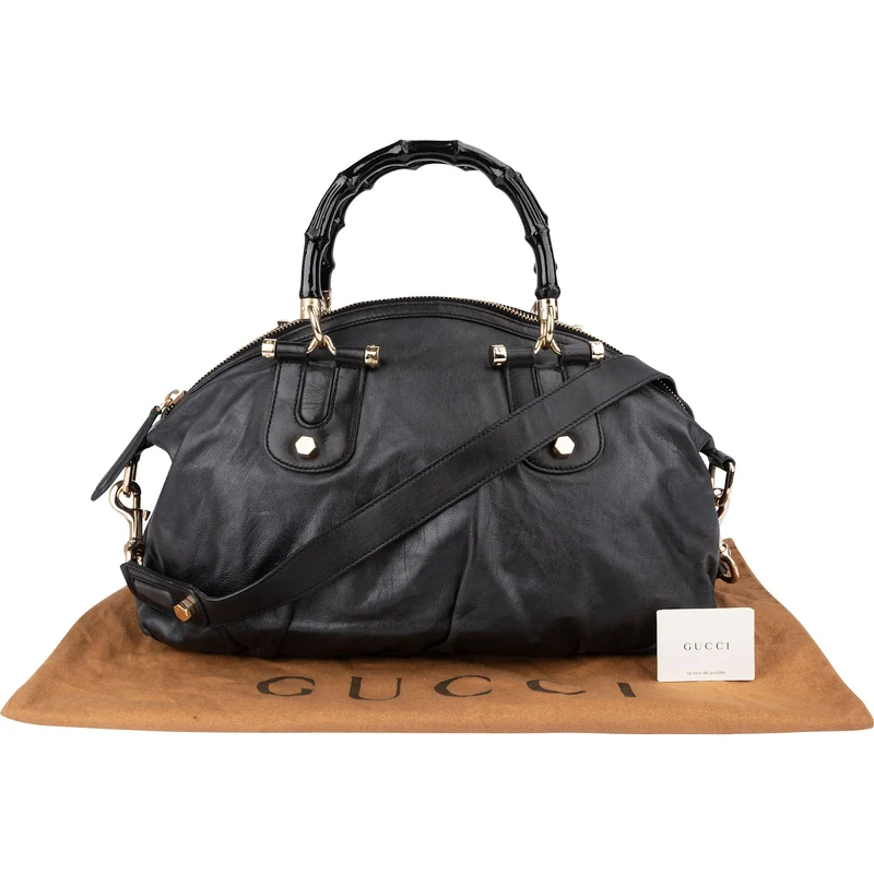 Gucci Black Leather New Bamboo Top Handle Bowling Handbag