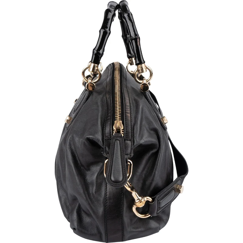 Gucci Black Leather New Bamboo Top Handle Bowling Handbag