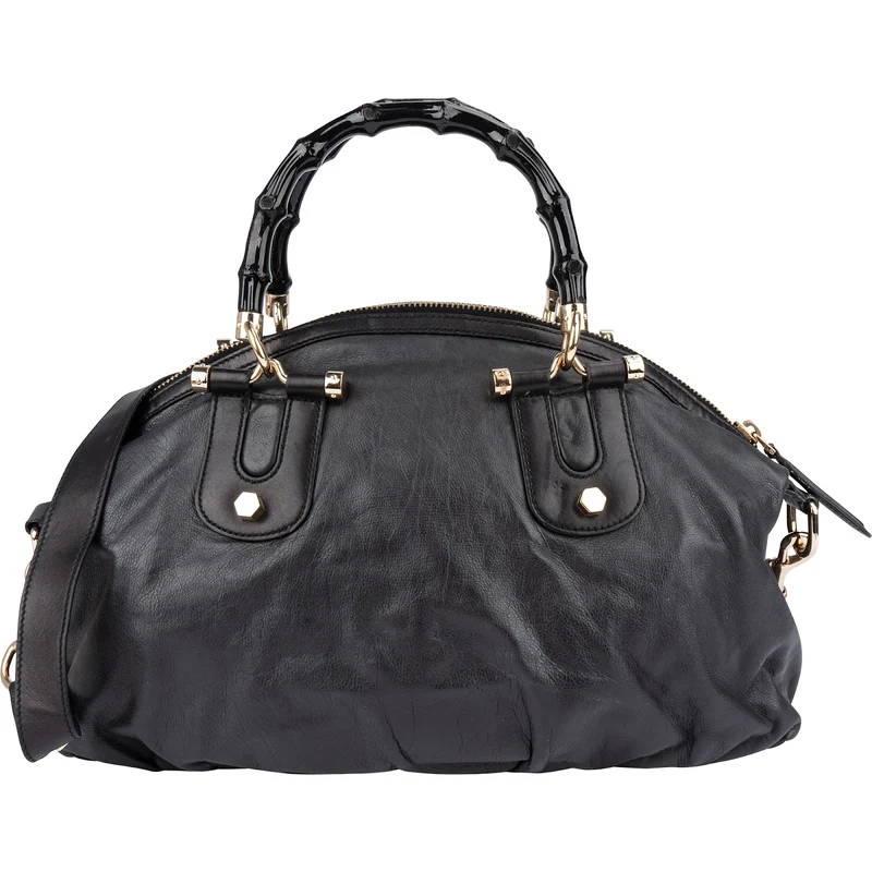 Gucci Black Leather New Bamboo Top Handle Bowling Handbag