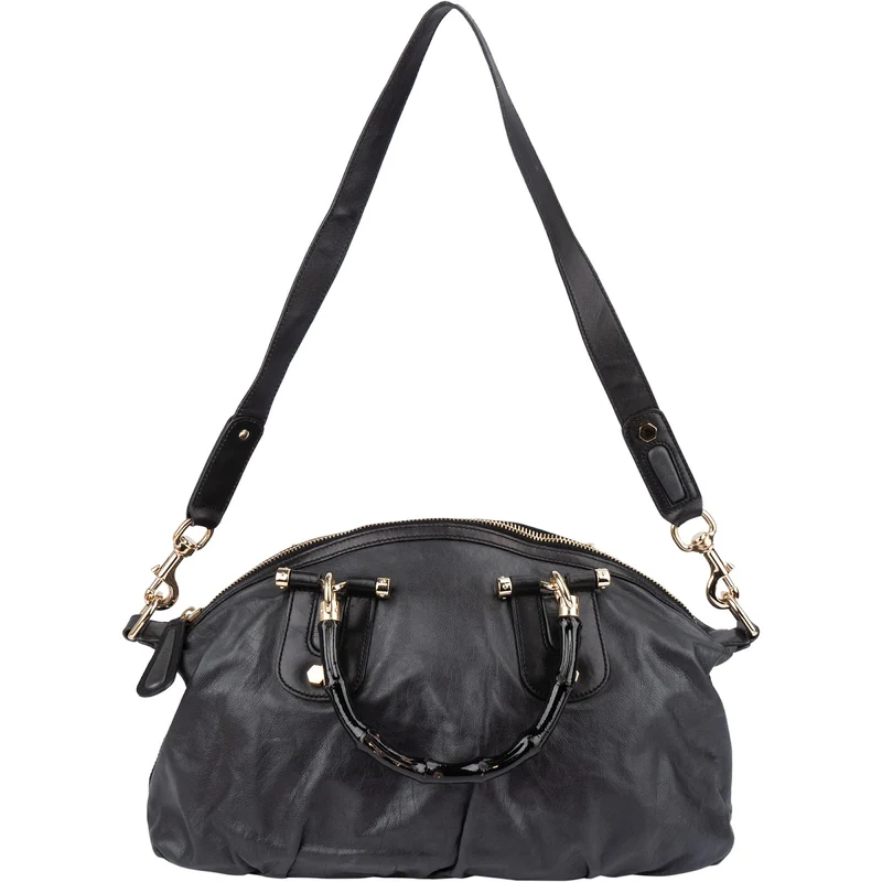 Gucci Black Leather New Bamboo Top Handle Bowling Handbag