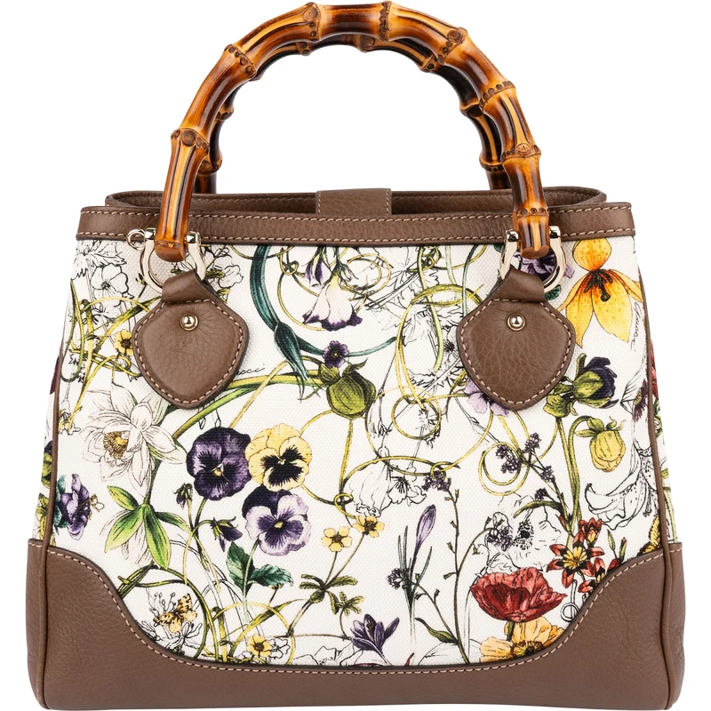 Gucci Floral Canvas Bamboo Handle Handbag